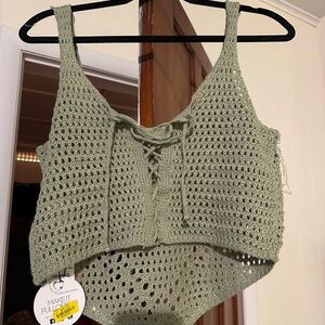 Green Crochet Lace-Up Crop Top